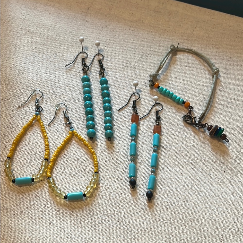 Boho Summer Turquoise and Yellow Beaded Jewelry Earrings Bracelet Bundle Set